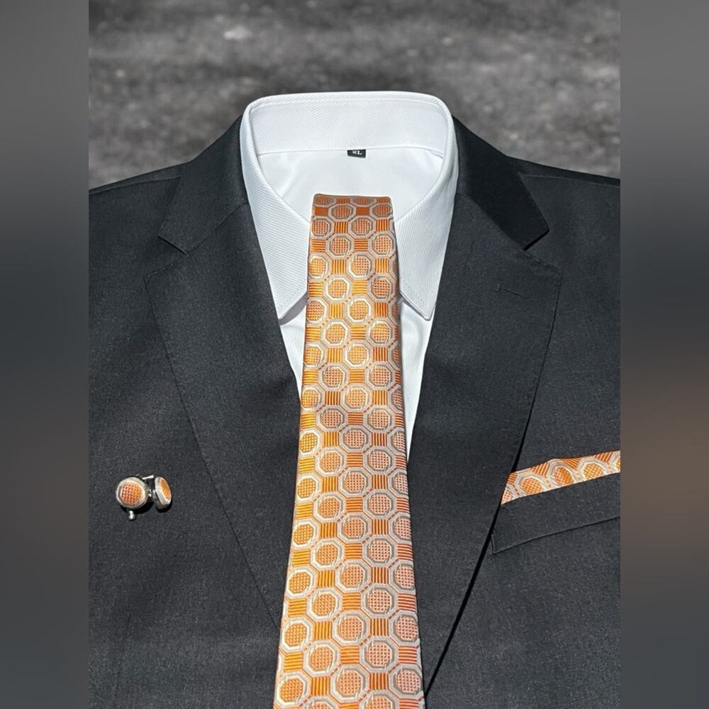 3 Piece Tie Set Rich Orange with Silver Heptagon Print 57.5” x 3.25”